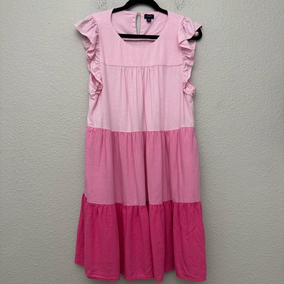 J. Crew Dresses & Skirts - J. Crew Factory Pink Linen Blend Colorblock Ombre Ruffle Sleeve Dress Size 14